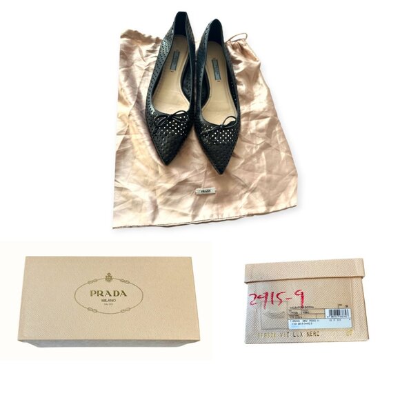 Prada Pointed Toe Flats, Black Perforated Leather, Size 39 EU, dust bag/box - Picture 3 of 15